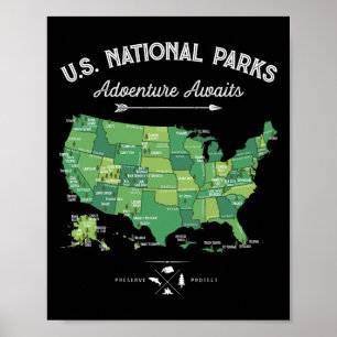 Poster 63 Carte des parcs nationaux Parc américain Rétro