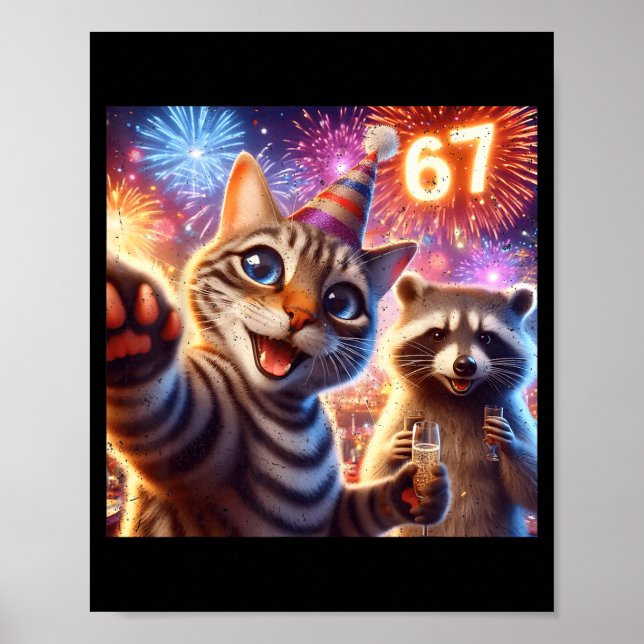 Poster 67 Meme Cat Raccoon New Year Selfie Funny Birthday (Devant)