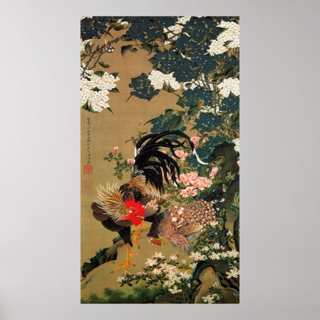 Poster 6. 紫 陽 花 双 鶏 図, 若 Hydrangea et Rooster, Jakuchu, 冲 (Devant)