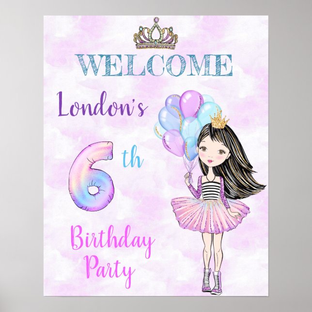 Poster 6e anniversaire fille princesse Lavande Turquoise (Devant)
