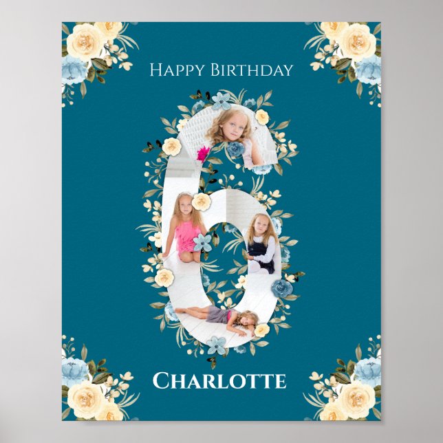 Poster 6e anniversaire Photo Collage Turquoise bleu jaune (Devant)