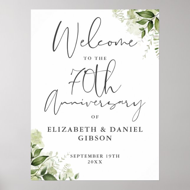 Poster 70th Wedding Anniversary Greenery Welcome Sign (Devant)