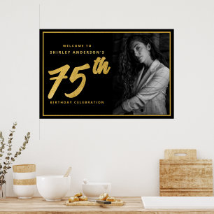 Poster 75e anniversaire Photo Black Faux Gold Leaf Élégan