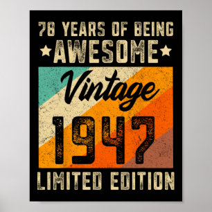 Poster 78e anniversaire Hommes 78 ans Femmes 1947 Limited