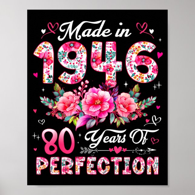 Poster 80 Year Old Made In 1946 Floral 80th Birthday Wome (Devant)