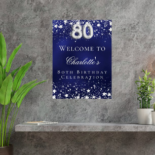 Poster 80e anniversaire bleu argent stars bienvenue