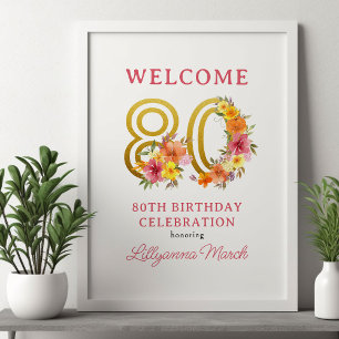Poster 80e Anniversaire Fête Floral Gold Numéro 80 Bienve