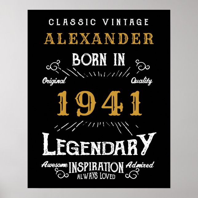 Poster 80e anniversaire personnalisé Né en 1941 Noir Vint (Devant)