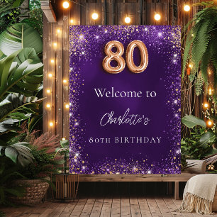 Poster 80e anniversaire violet mousseux bienvenue