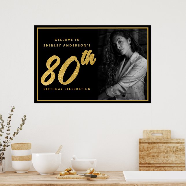 Poster 80th Birthday Photo Black Faux Gold Leaf Elegant  (Cuisine)