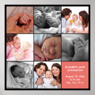 Poster 8 photo bébé collage moderne rose noir bordure
