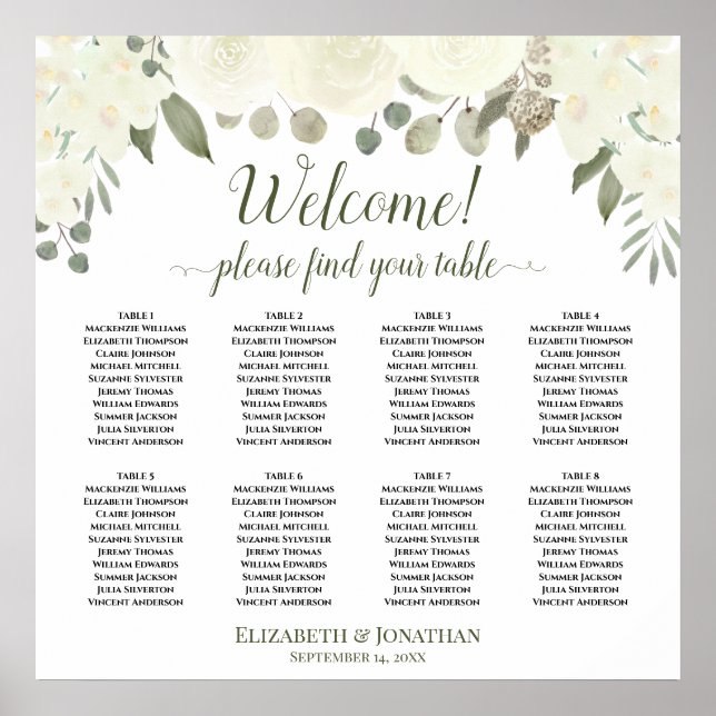Poster 8 Table Roses Blanches Mariage Bohème Plan de Tabl (Devant)