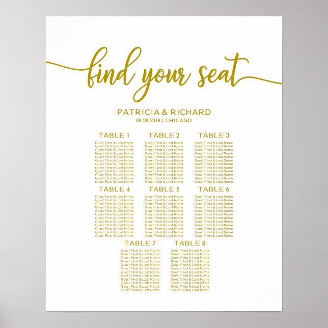 Poster 8 Tableaux Mariage Carte de siège Gold Calligraphi (Devant)