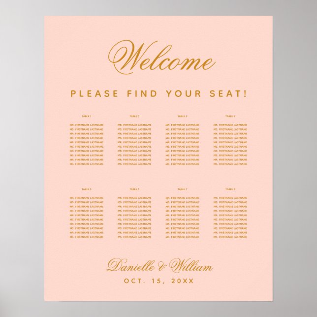 Poster 8 Tables Blush Mariage Simple Rose Sein Graphique (Devant)