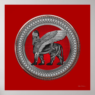 Poster [901] Lion ailé assyrien : Argent et Lamassu noir