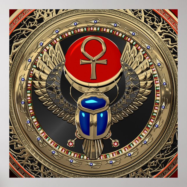 Poster [901] Scarab en or sacré égyptien ailé avec Ankh (Devant)