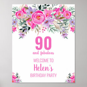 Poster 90 ans et fabuleux fête d'anniversaire rose élégan