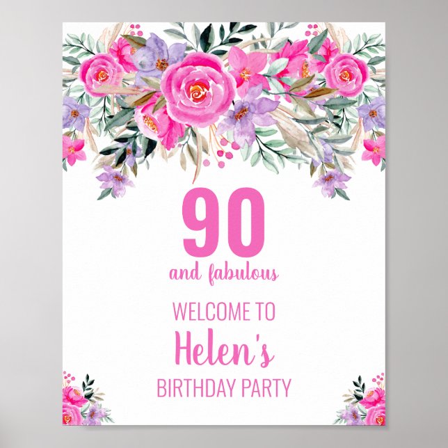 Poster 90 ans et fabuleux fête d'anniversaire rose élégan (Devant)