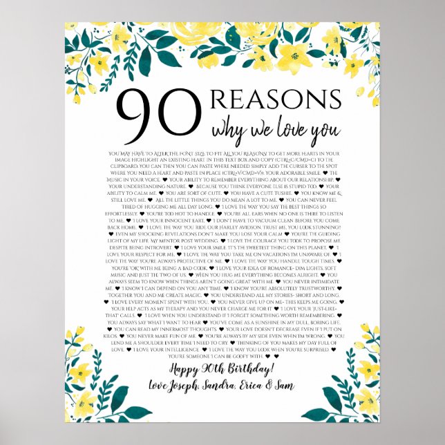 Poster 90 raisons pour lesquelles nous vous aimons cadeau (Devant)