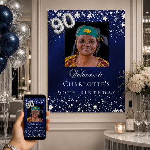 Poster 90e anniversaire bleu argent étoiles photo bienven