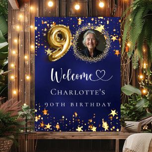 Poster 90e anniversaire bleu or étoiles photo bienvenue