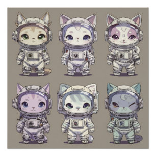 Poster 9 Chibi Astronautes Chatons Équipage Spatial