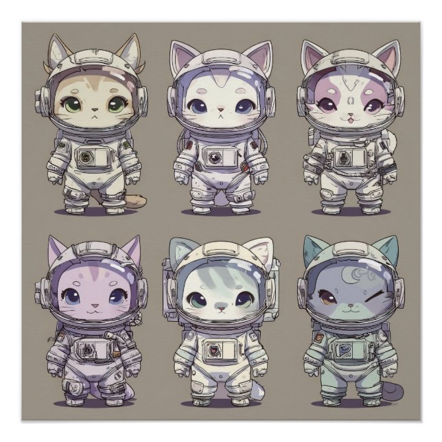 Poster 9 Chibi Astronautes Chatons Équipage Spatial (Devant)