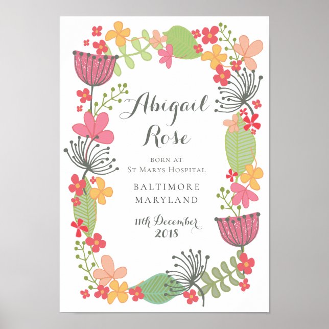 Poster A3 Naissance Bébé Fille Annonce Garde de Souvenirs (Devant)