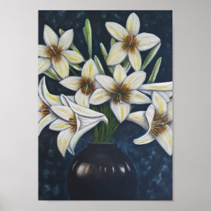 Poster A4 Belles Fleurs blanches acrylique Peinture Impri