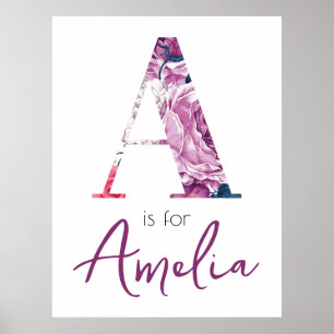 Poster A est pour Amelia Révélation du prénom bébé Floral