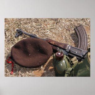 Poster A rifle, military cover and canteen