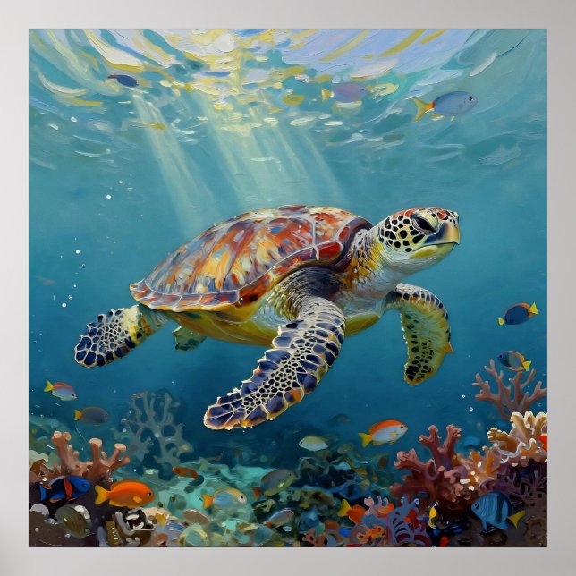 Poster A Sea Turtle and Sun Rays in the Ocean Blue (Devant)