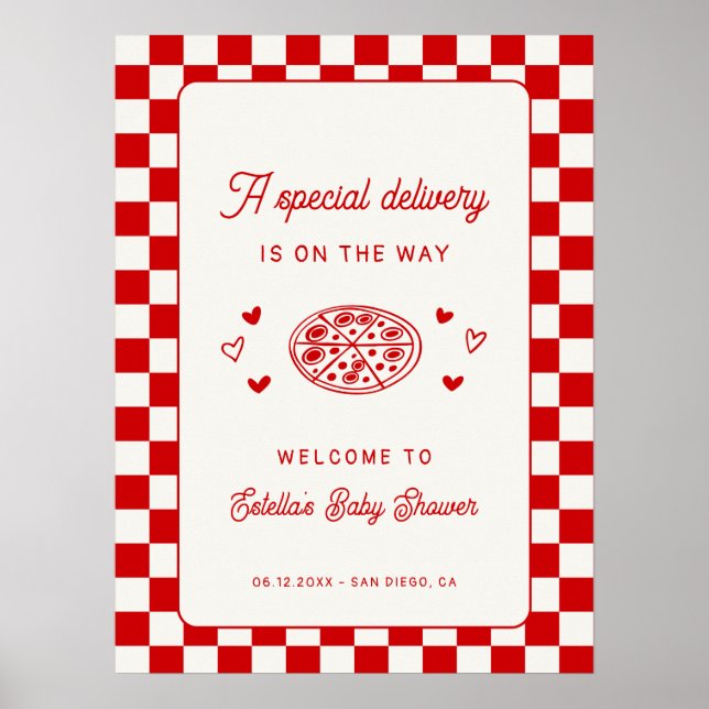 Poster A Special Delivery Pizza Baby Shower Welcome (Devant)