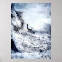 A stormy ocean surrounds a lighthouse