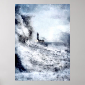 Poster A stormy ocean surrounds a lighthouse