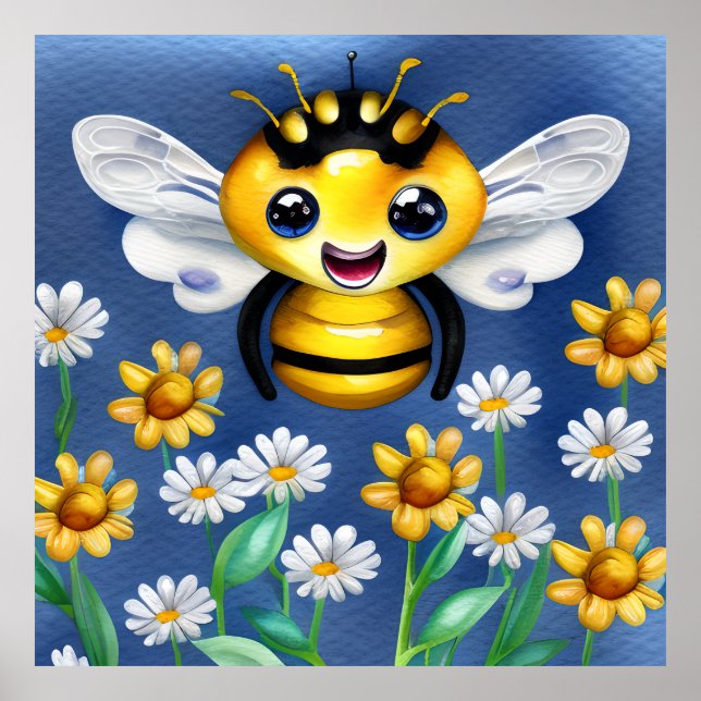 Poster Abeille adorable dans un jardin fleuri aquarelle (Devant)