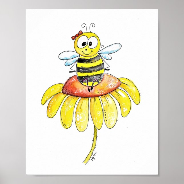 Poster Abeille blanche mignonne sur une fleur (Devant)