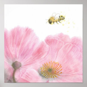 Poster Abeille et fleurs roses crayon coloré Art crayon