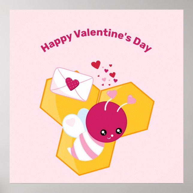 Poster Abeille mignonne aux Coeurs de Saint-Valentin rose (Devant)
