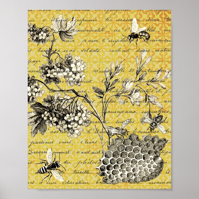 Poster Abeille vintage et fleur (Devant)