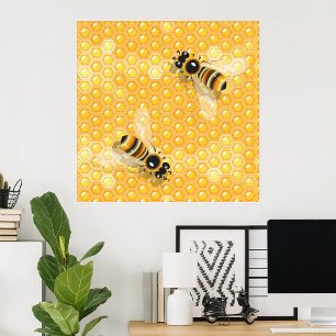 Poster Abeilles de miel sur un Motif de nid d'abeille