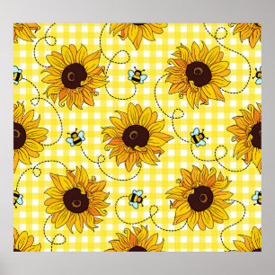 Poster Abeilles, tournesols, à damiers, motif vintage.