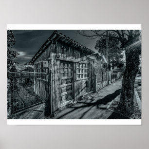Poster Abri en bois monochrome lunatique avec des ombres