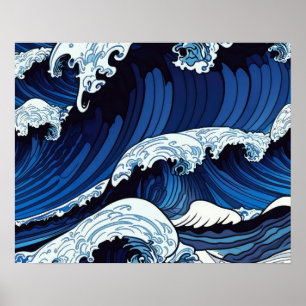 Poster Abstract Blue Ocean Waves Japanese Style Artwork