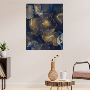 Poster Abstract Dark Blue Gold Fluid Art Painting