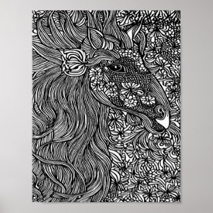 Poster Abstract Horse face Flowers Original ink Art