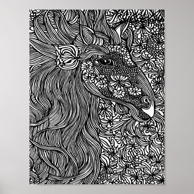 Poster Abstract Horse face Flowers Original ink Art (Devant)