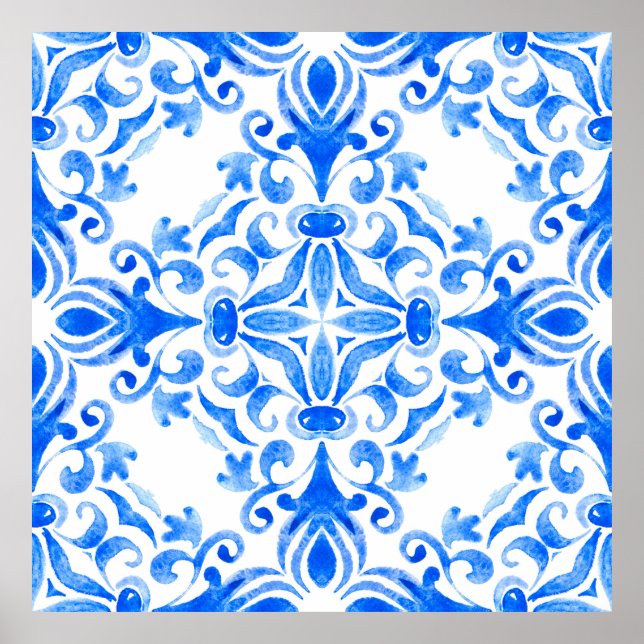 Poster Abstrait bleu et blanc dessiné à la main sans cout (Devant)