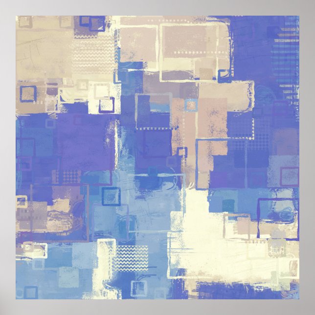 Poster Abstrait Bleu violet Taupe ivoire Mélange Média (Devant)