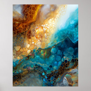 Poster Abstrait d'art fluide bleu et or